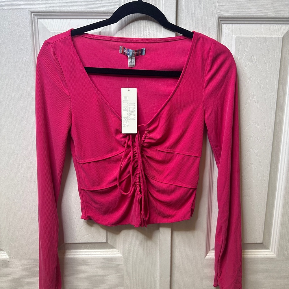 Urban Outfitters Hot Pink Ruched Tie Front Long Sleeve Crop Top Size Small Y2K